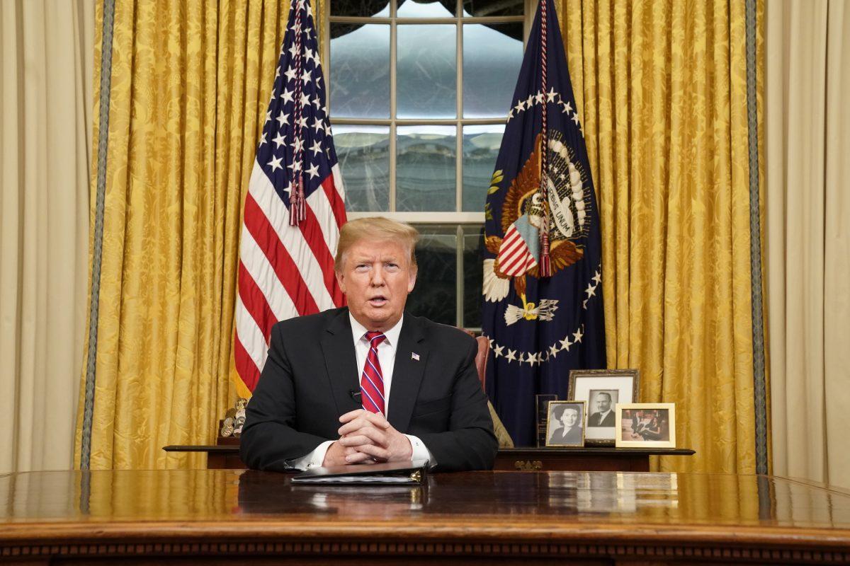 President Donald Trump speaks to the nation in his first-prime address from the Oval Office of the White House on Jan. 8, 2019. (Carlos Barria-Pool/Getty Images)