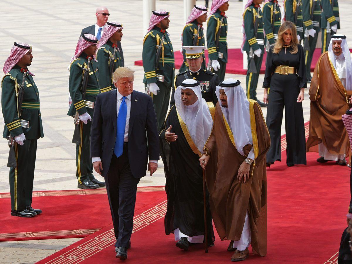 President Donald Trump is welcomed by Saudi King Salman bin Abdulaziz al-Saud (3rd R) upon arrival at King Khalid International Airport in Riyadh on May 20, 2017. (MANDEL NGAN/AFP/Getty Images)