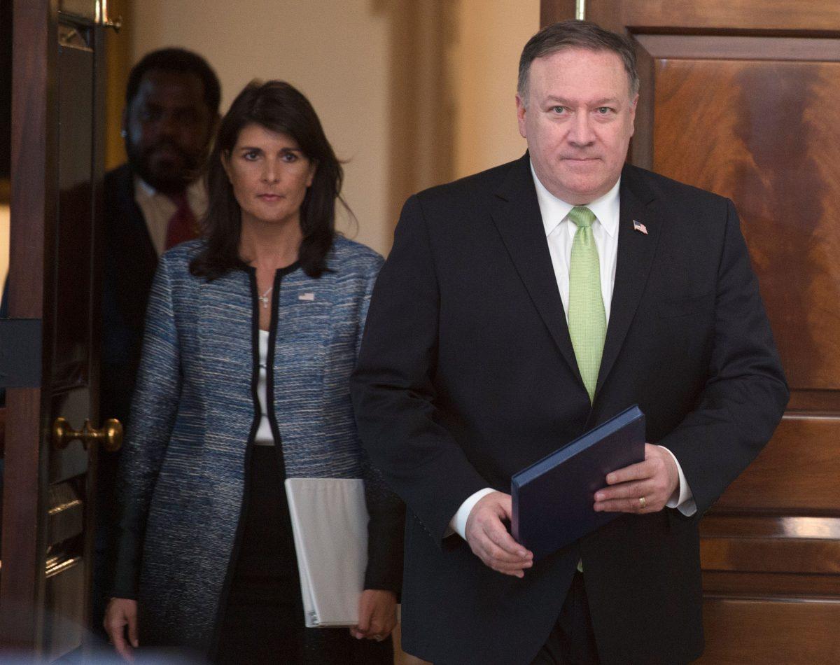 Secretary of State Mike Pompeo and Ambassador to the U.N. Nikki Haley arrive at a press conference before announcing that the United States is withdrawing from the U.N. Human Rights Council, at the Department of State in Washington on June 19, 2018.  (ANDREW CABALLERO-REYNOLDS/AFP/Getty Images)