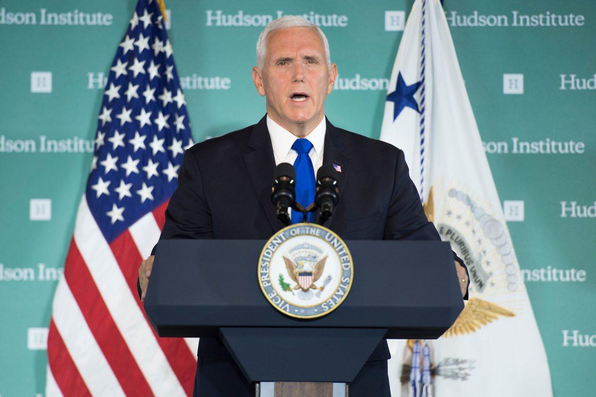 Vice President Mike Pence addresses the Hudson Institute on the administration's policy toward China in Washington on Oct. 4, 2018.  (Jim Watson/AFP/Getty Images)