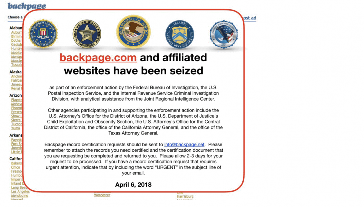 A screenshot from Jan. 14, 2018, shows Backpage.com, which has been seized by the FBI.