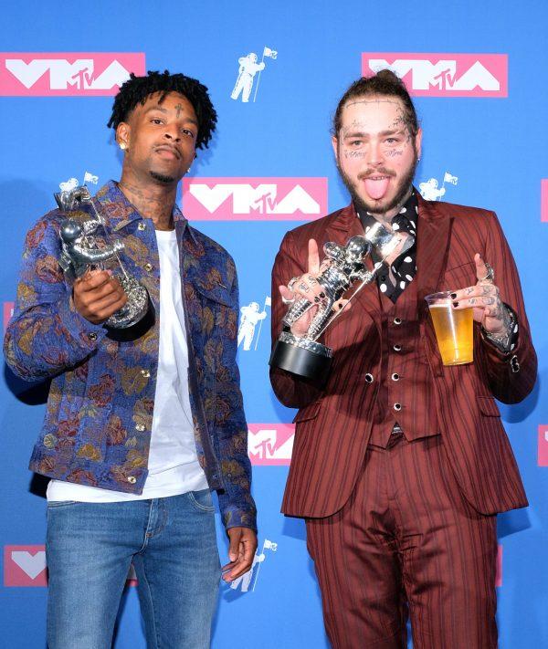Savage and Post Malone pose with the Song of the Year award backstage at the 2018 MTV Video Music Awards Press Room at Radio City Music Hall in New York City on Aug. 20, 2018. (Matthew Eisman/Getty Images)