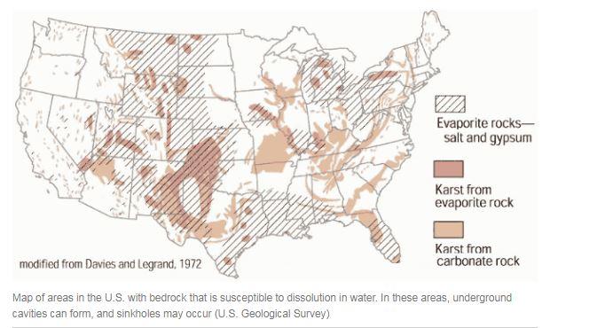 Map of areas in the U.S. with bedrock that is susceptible to dissolution in water. In these areas, underground cavities can form, and sinkholes may occur (U.S. Geological Survey)