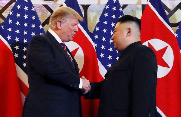 President Donald Trump and North Korean leader Kim Jong Un shake hands before their one-on-one chat during the second U.S.-North Korea summit at the Metropole Hotel in Hanoi, Vietnam, on Feb. 27, 2019. (Leah Millis/Reuters)