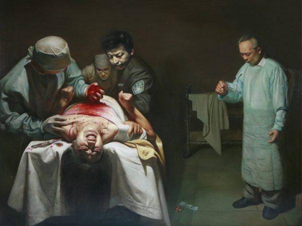 "Organ Crimes," an oil painting by Xiqiang Dong depicting the seizure of organs from a living Falun Dafa practitioner in China. (Courtesy of Xiqiang Dong)