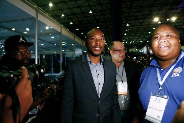 South African main opposition party Democratic Alliance (DA) leader Mmusi Maimane (C) arrives at the Independent Electoral Commission (IEC) Results Operations Center on May 9, 2019, in Pretoria, South Africa. (Phill Magakoe/AFP/Getty Images)