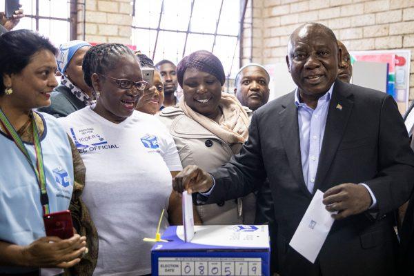 Cyril Ramaphosa, president of South Africa and the African National Congress, casts his vote at Hitekani Primary School voting station on May 8, 2019 in Soweto. (Wikis de Wet/AFP/Getty Images)