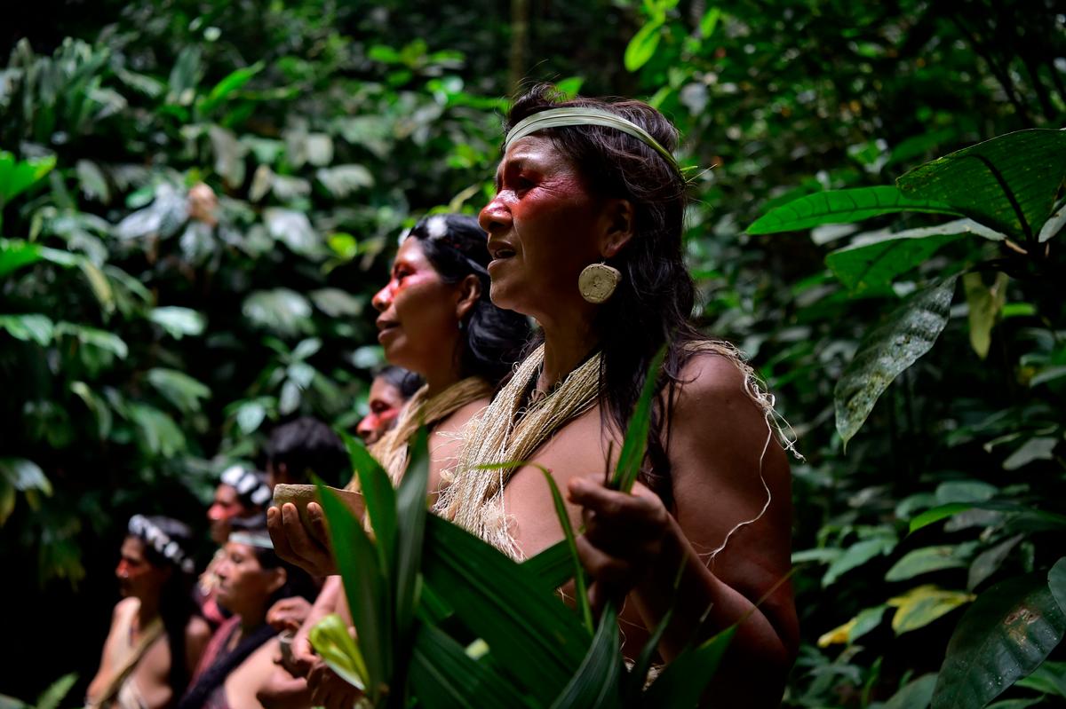 Waorani indigenous people sing at the Teata sacred waterfall, near the village of Nemompare, on the banks of the Curaray river, in Pastaza Province, Ecuador, on April 14, 2019. (©Getty Images |RODRIGO BUENDIA)