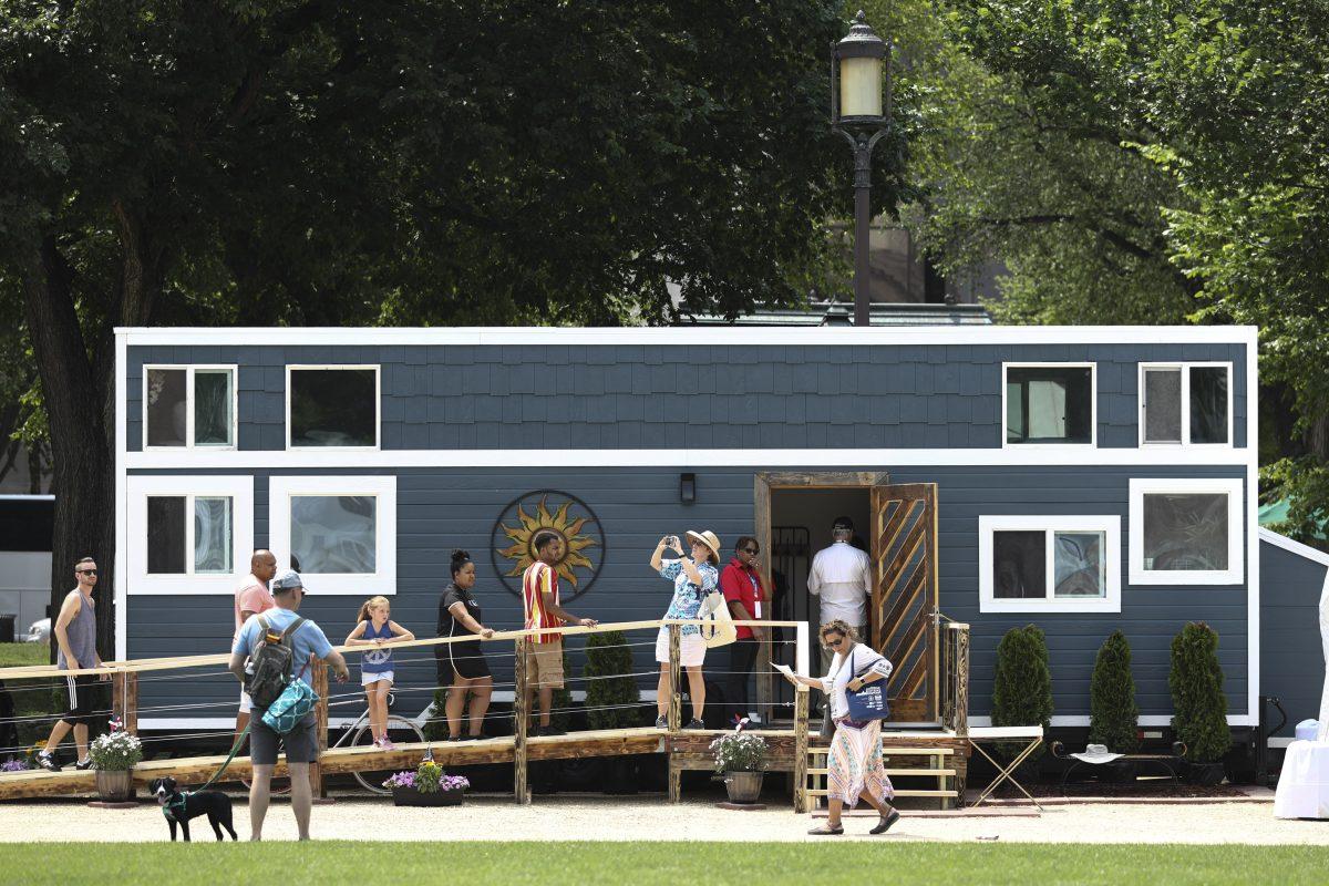 A home by Build Us H.O.P.E., a non-profit organization that builds tiny homes for veterans, is displayed at the Innovative Housing Showcase on the National Mall in Washington on June 1, 2019. (Samira Bouaou/The Epoch Times)