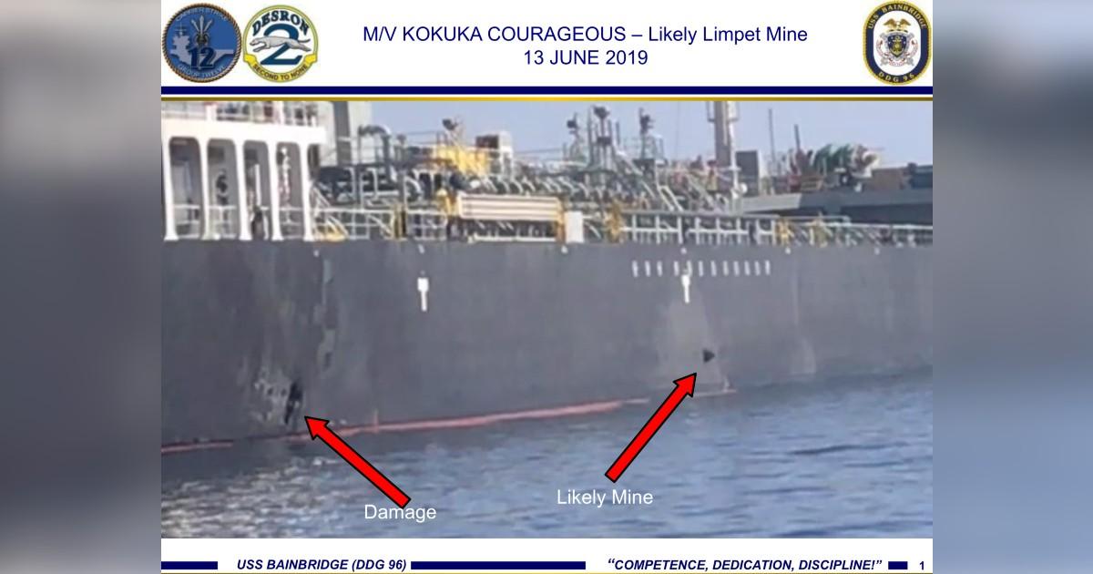 This June 13, 2019, image released by the U.S. military's Central Command, shows damage and a suspected mine on the Kokuka Courageous in the Gulf of Oman near the coast of Iran. (U.S. Central Command)