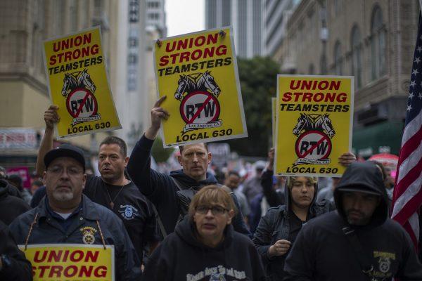 Teamsters march on May Day in Los Angeles on May 1, 2018. (David McNew/Getty Images)