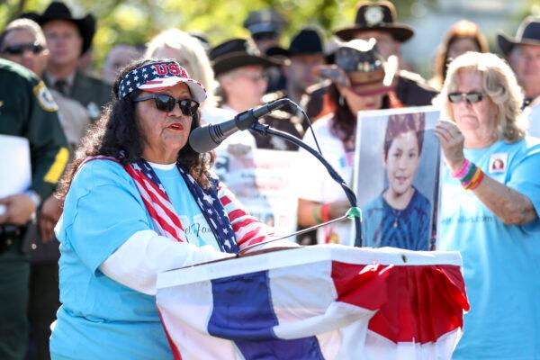 Angel mom Angie Morfin speaks at an event for Angel families and sheriffs outisde the Capitol building in Washington on Sept. 25, 2019. (Samira Bouaou/The Epoch Times)
