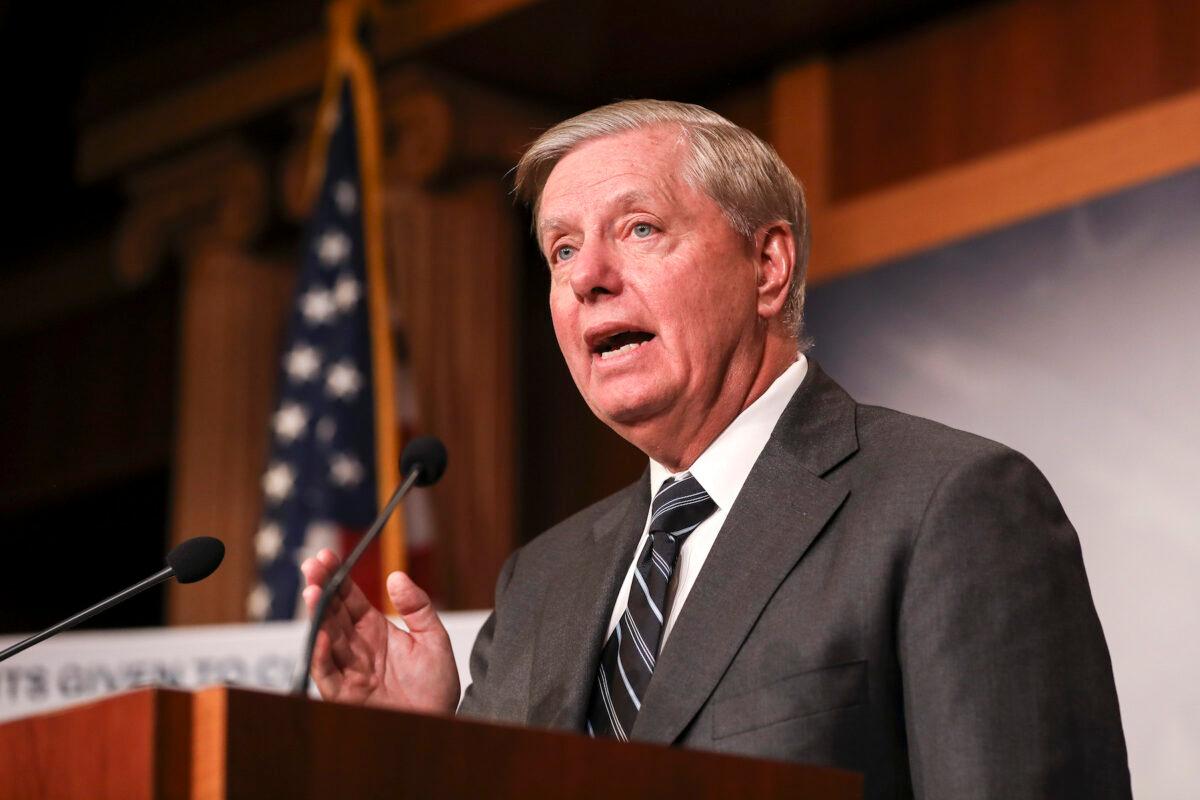 Sen. Lindsey Graham (R-S.C.) holds a press conference on Capitol Hill in Washington on Oct. 24, 2019. (Charlotte Cuthbertson/The Epoch Times)