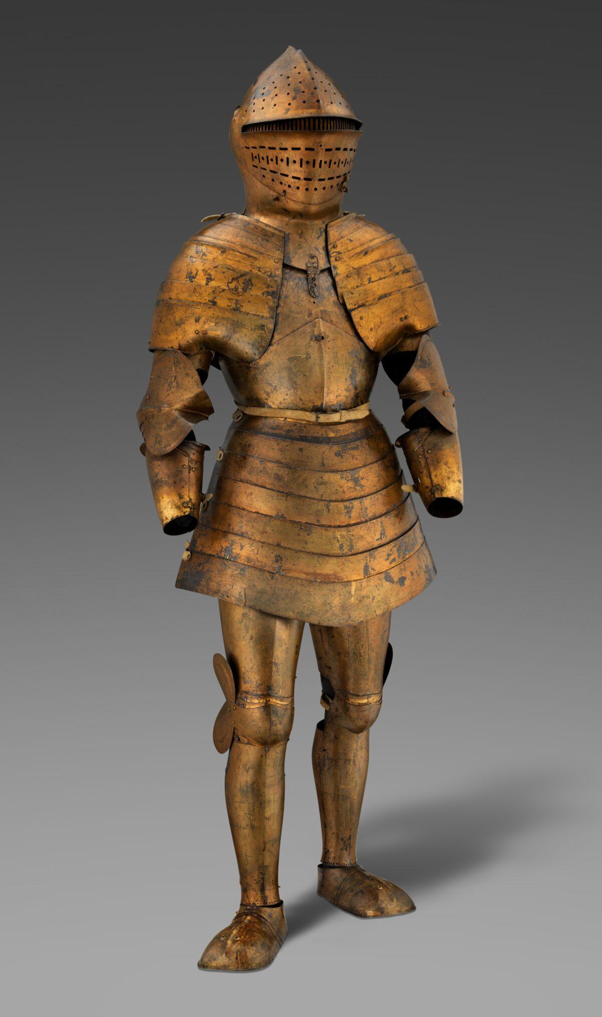 Foot combat armor of Maximilian I, before 1508, by Francesco da Merate of Burgundy (Arbois). Steel, copper alloy, leather, and gold pigments. Kunsthistorisches Museum, Vienna, Imperial Armoury (B 71). (Bruce M. White / The Metropolitan Museum of Art)
