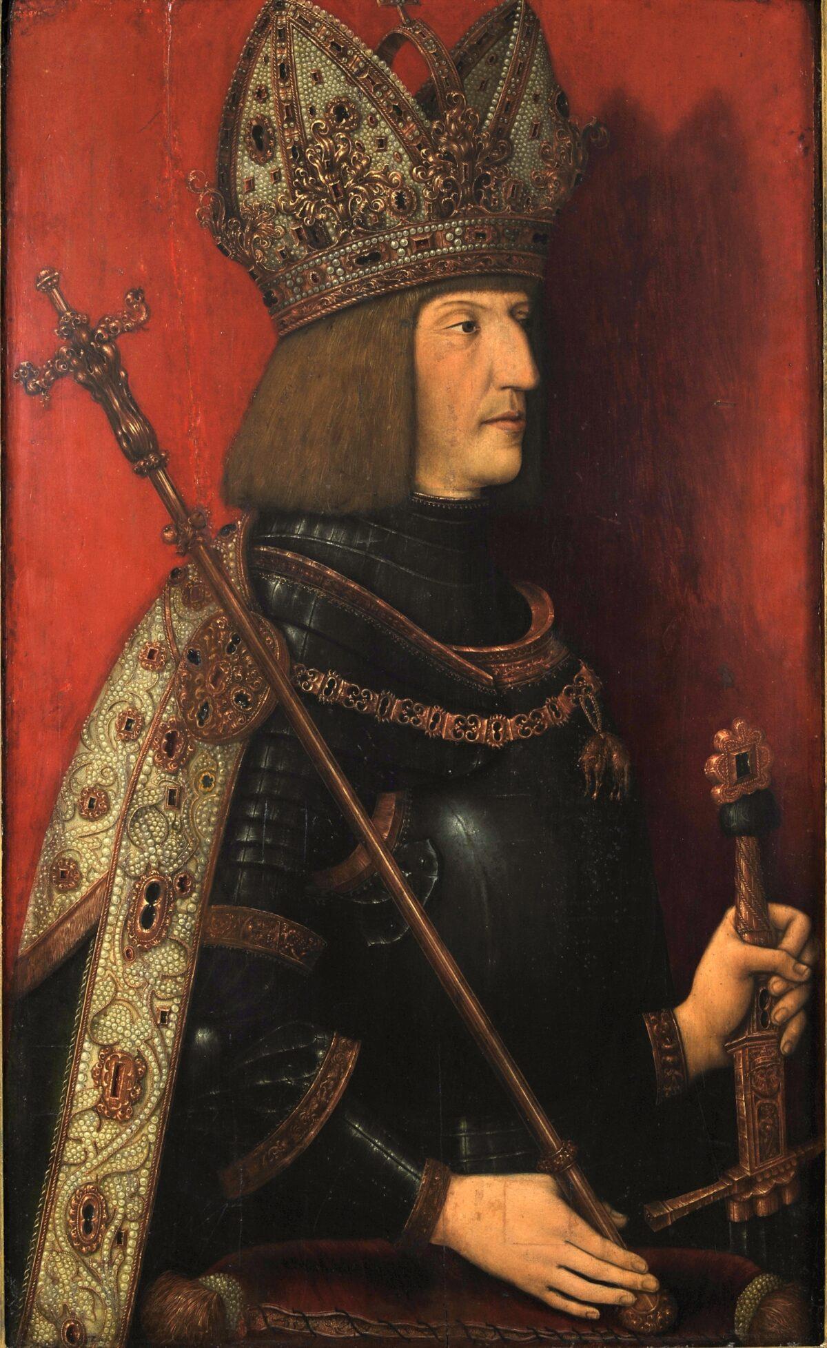 Maximilian I in imperial regalia, after 1508, by Bernhard Strigel. Oil on wood. Tyrolean State Museum, on long-term loan from a private collection (Gem 136). (Tyrolean State Museum)