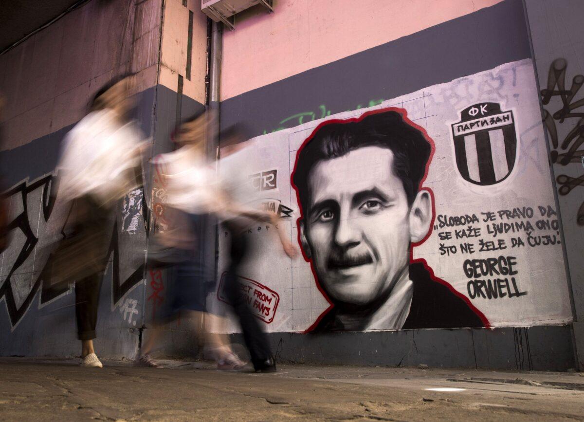 A mural depicting British novelist George Orwell with the words “Freedom is the right to tell people what they do not want to hear” in Belgrade, Serbia, on May 8, 2018. (Oliver Bunic/AFP via Getty Images)