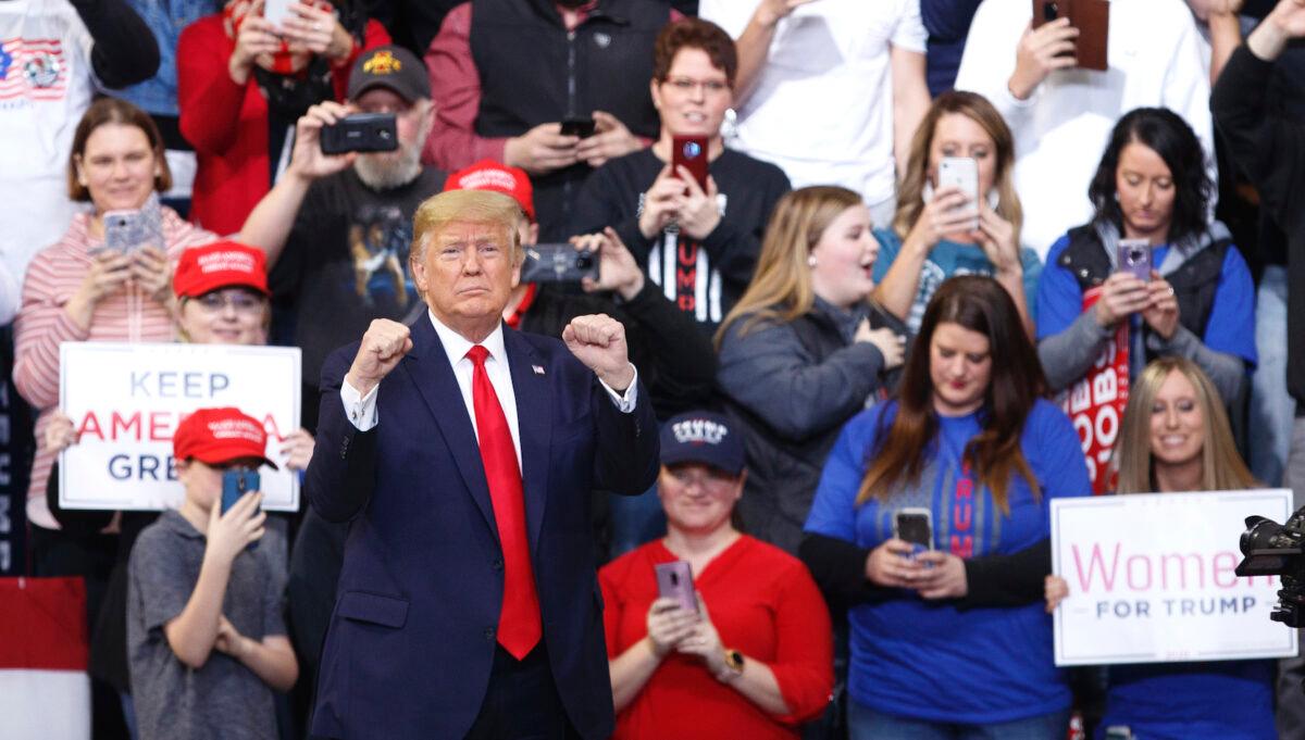 President Donald Trump walks to the podium before speaking at a campaign rally inside of the Knapp Center arena at Drake University in Des Moines, Iowa, on Jan. 30, 2020. (Tom Brenner/Getty Images)