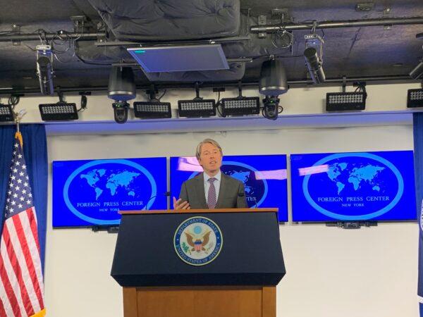 Robert Strayer, the deputy assistant secretary of state for cyber and international communications and information policy, holds a press briefing at the Foreign Press Center in Washington on Jan. 10, 2020. (Emel Akan/Epoch Times)