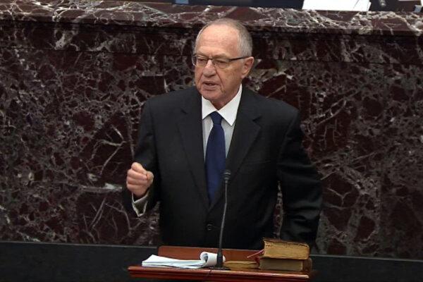 Legal counsel for President Donald Trump, Alan Dershowitz speaks during impeachment proceedings against U.S. President Donald Trump in the Senate at the U.S. Capitol in Washington on Jan. 27, 2020. (Senate Television via Getty Images)