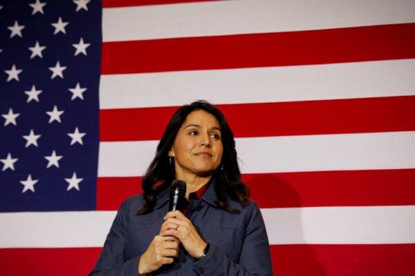 Then-Democratic presidential candidate Rep. Tulsi Gabbard (D-Hawaii) speaks during a campaign event in Lebanon, New Hampshire on Feb. 6, 2020. (Brendan McDermid/Reuters)