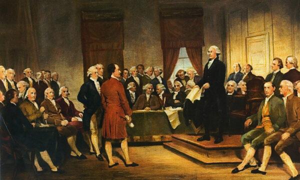 The 1856 painting "Washington at Constitutional Convention of 1787, signing of U.S. Constitution" by Junius Brutus Stearns. (TeachingAmericanHistory.org via Wikimedia Commons)
