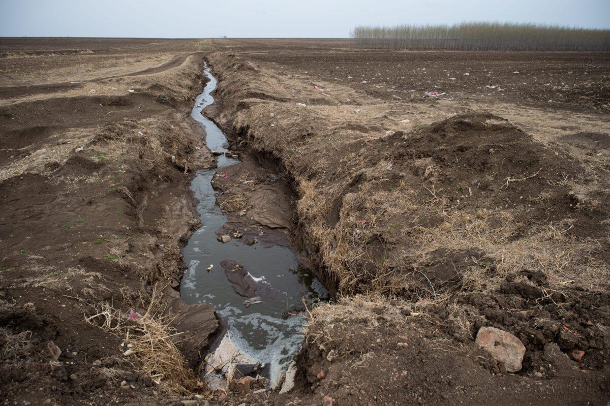 A pipe releases wastewater into fields surrounding a dairy farm (not pictured) in Gannan County, Heilongjiang Province, China, on May 3, 2016. (Nicolas Asfouri/AFP via Getty Images)