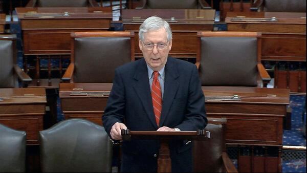 Senate Majority Leader Mitch McConnell (R-Ky.) speaks on the Senate floor at the U.S. Capitol in Washington, on March 21, 2020. (Senate Television via AP)