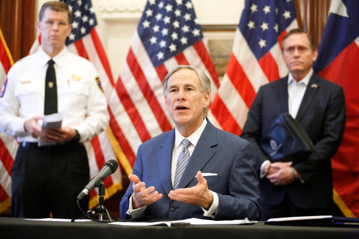 Texas Governor Greg Abbott announced at a press conference that the U.S. Army Corps of Engineers and the state are putting up a 250-bed field hospital at the Kay Bailey Hutchison Convention Center in downtown Dallas. He spoke at the Texas State Capitol in Austin on Sunday, March 29, 2020. (Tom Fox-Pool/Getty Images)