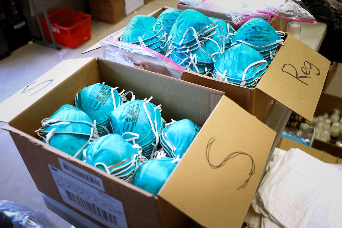 Boxes of N95 protective masks for use by medical field personnel are seen at a New York State emergency operations incident command center during the CCP virus outbreak in New Rochelle, New York, on March 17, 2020. (Mike Segar/Reuters)