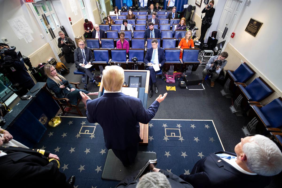 President Donald Trump speaks about the CCP virus in the James Brady Briefing Room in Washington on March 23, 2020. (Alex Brandon/AP Photo)