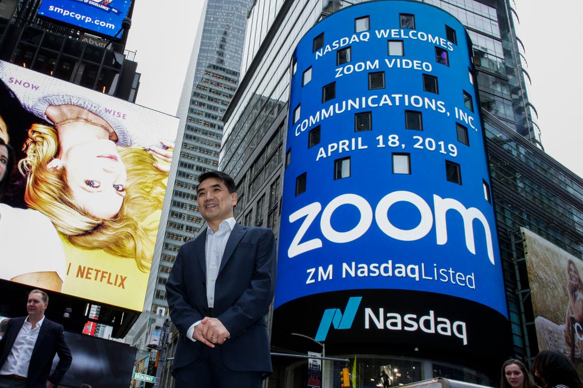Zoom founder Eric Yuan poses in front of the Nasdaq building. (Kena Betancur/Getty Images)