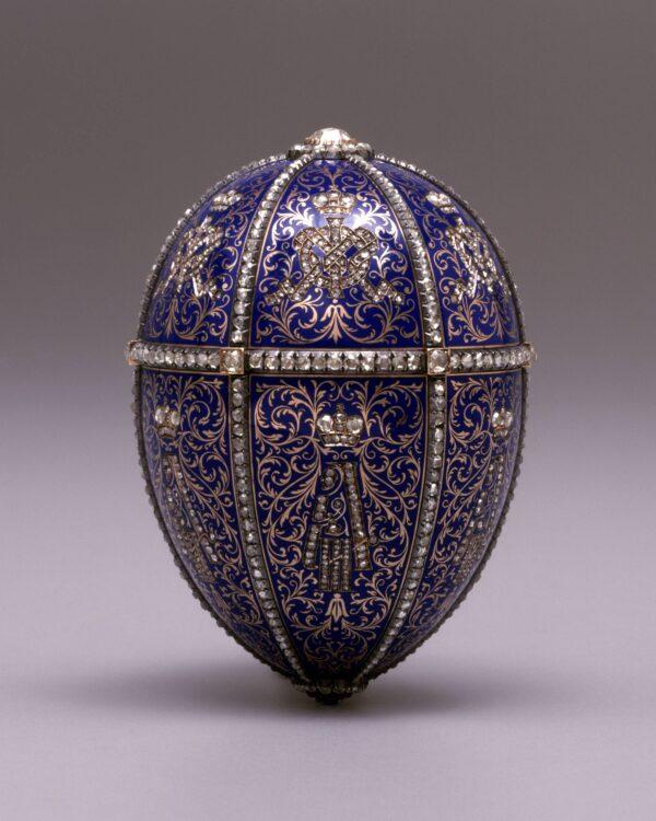 Twelve Monogram Egg, 1896, by Fabergé. Made by Mikhail Perkhin. Gold, champlevé enamel, diamonds, and satin lining; 3 1/8 inches by 2 3/16 inches. Bequest of Marjorie Merriweather Post, 1973. (Edward Owen/Hillwood Museum & Gardens, Washington, D.C.)