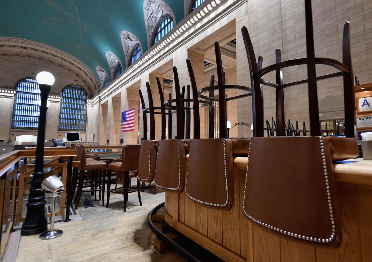 A view of an empty restaurant is seen at Grand Central Station in New York City on March 25, 2020. (Angela Weiss/AFP via Getty Images)