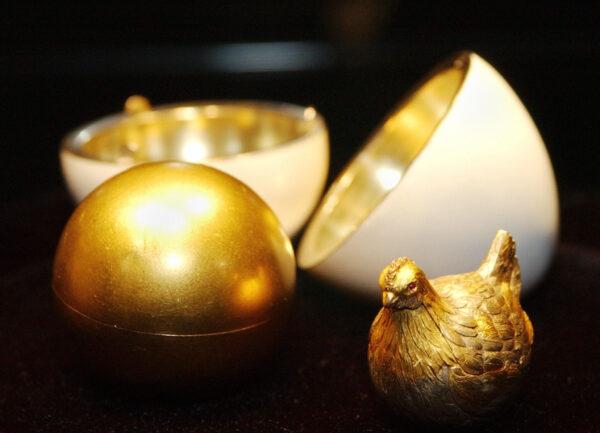 The Hen Egg, the first imperial egg presented by Czar Alexander III to his wife, Empress Maria Feodorovna, at Easter, 1885. (Stan Honda/AFP via Getty Images)