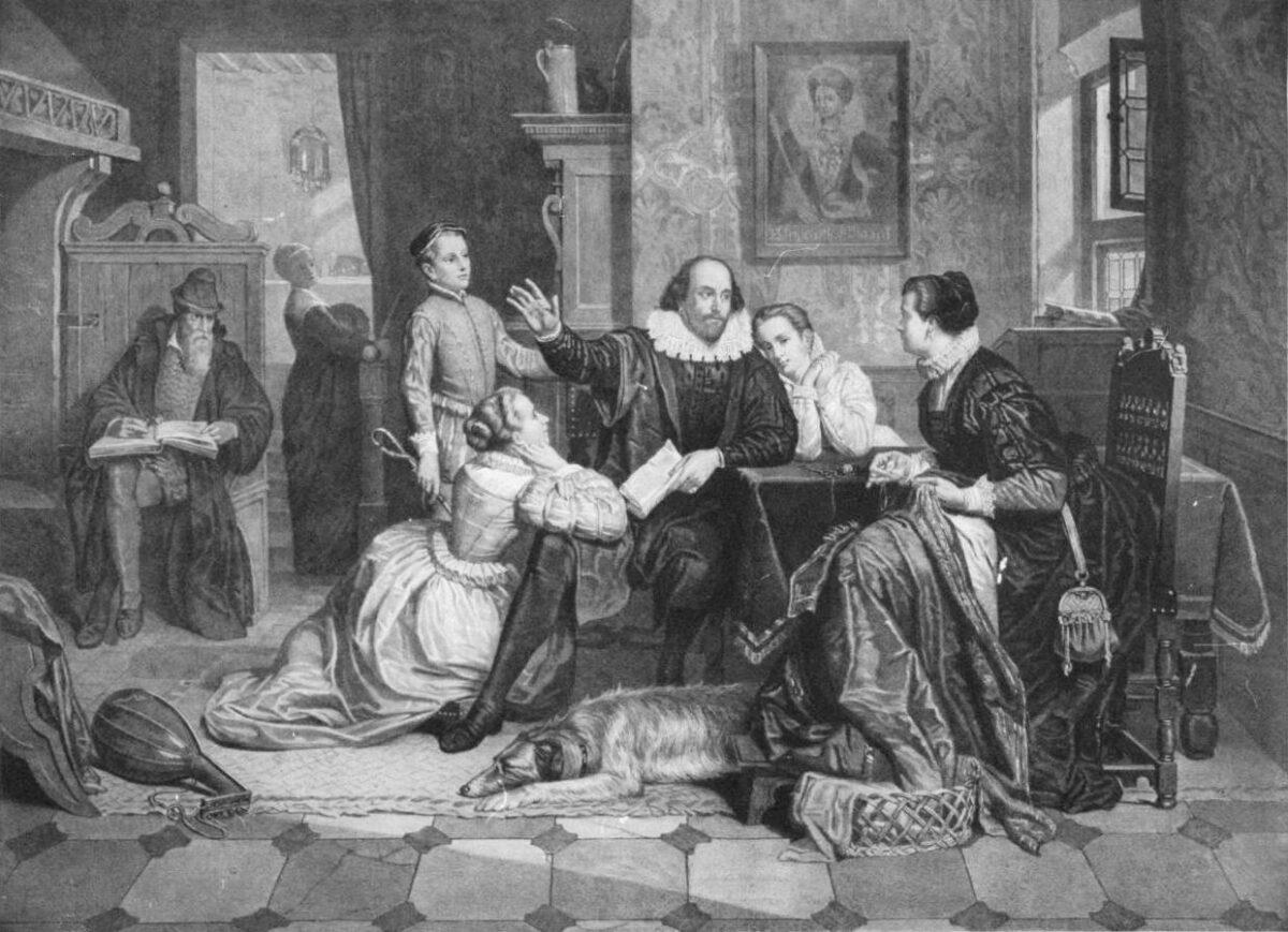 An illustration by an unknown German engraver, circa 1890, shows William Shakespeare reciting his play “Hamlet” to his family. His son, Hamnet, is behind him on the left; the boy died at age 11, most likely of the plague. (Public Domain)