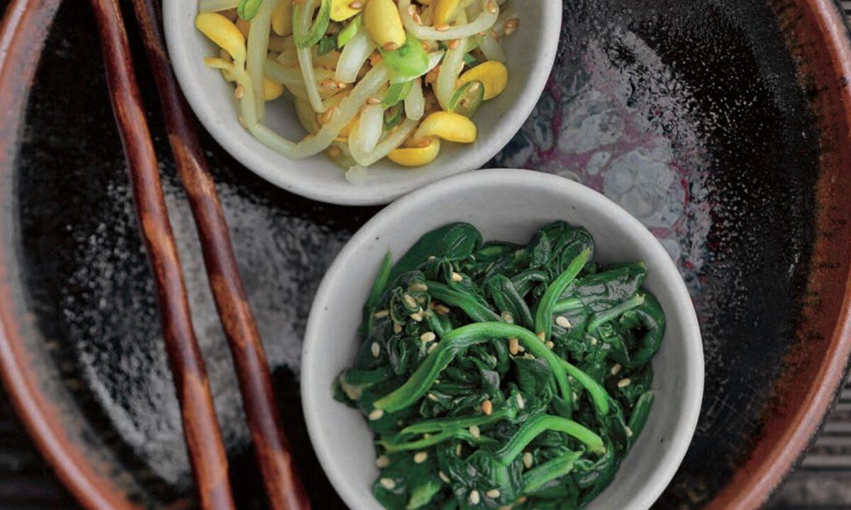 Kong namul, seasoned soybean sprouts, and sigeumchi namul, seasoned spinach. (Jean Cazals/Korean Food Made Simple)