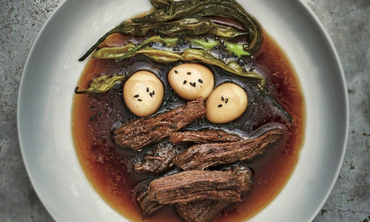 Jangjorim, soy-braised beef strips with quail eggs. (Jean Cazals/Korean Food Made Simple)