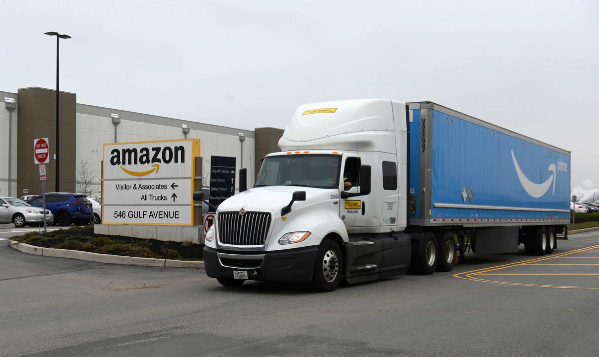 A truck is seen outside the Amazon warehouse in Staten Island in New York on March 30, 2020. (Angela Weiss/AFP via Getty Images)