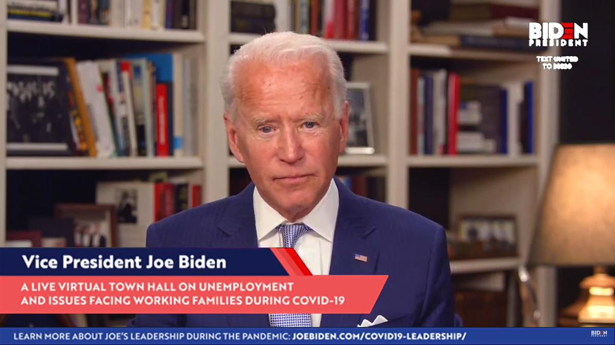 Democratic presidential candidate and former Vice President Joe Biden during a virtual town hall in an April 8, 2020. (Screenshot from JoeBiden.com via Getty Images)