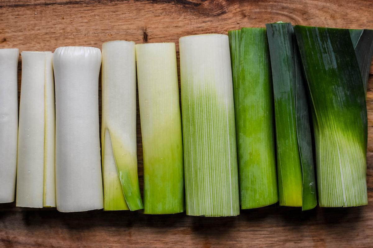 Choose leeks with deep green leaves and pristine white ends.