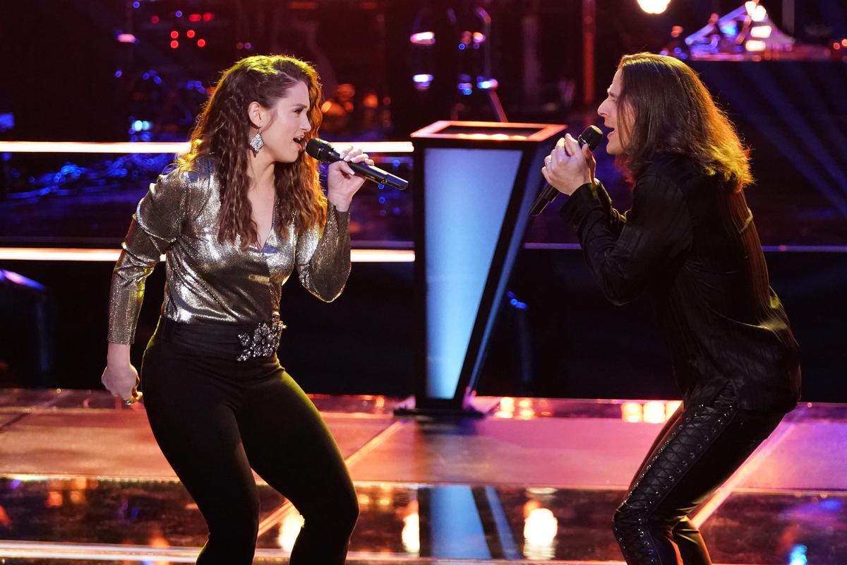 Joei Fulco and Todd Michael Hall during battle rounds on NBC's "The Voice." Fulco won the battle, and Hall was saved by coach Blake Shelton. (Tyler Golden/NBC)