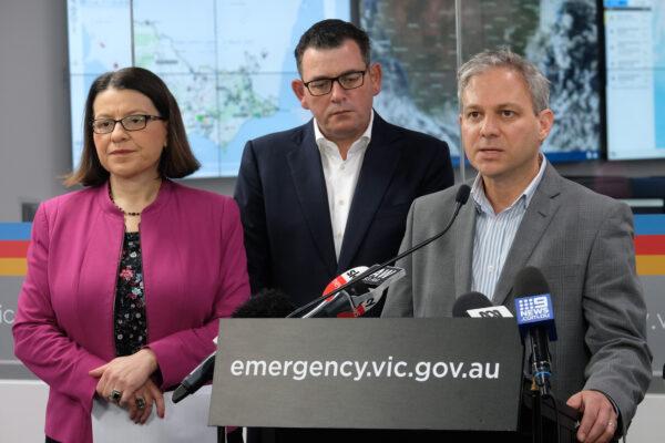 (L-R) Minister for Health, Jenny Mikakos, Premier Daniel Andrews, and Chief Health Officer, Brett Sutton, Melbourne, Australia. March 11, 2020. (Luis Ascui/Getty Images)
