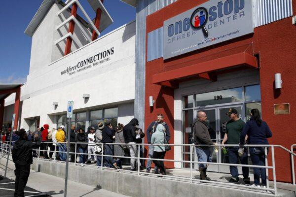 People wait in line for help with unemployment benefits at the One-Stop Career Center in Las Vegas, Nevada, on March 17, 2020. (John Locher/AP Photo)