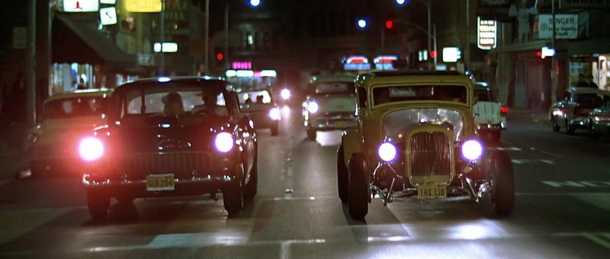 Bob Falfa's (Harrison Ford) '55 Chevy (L) and John Milner's (Paul Le Mat) '32 Ford in "American Graffiti." (Universal Pictures)