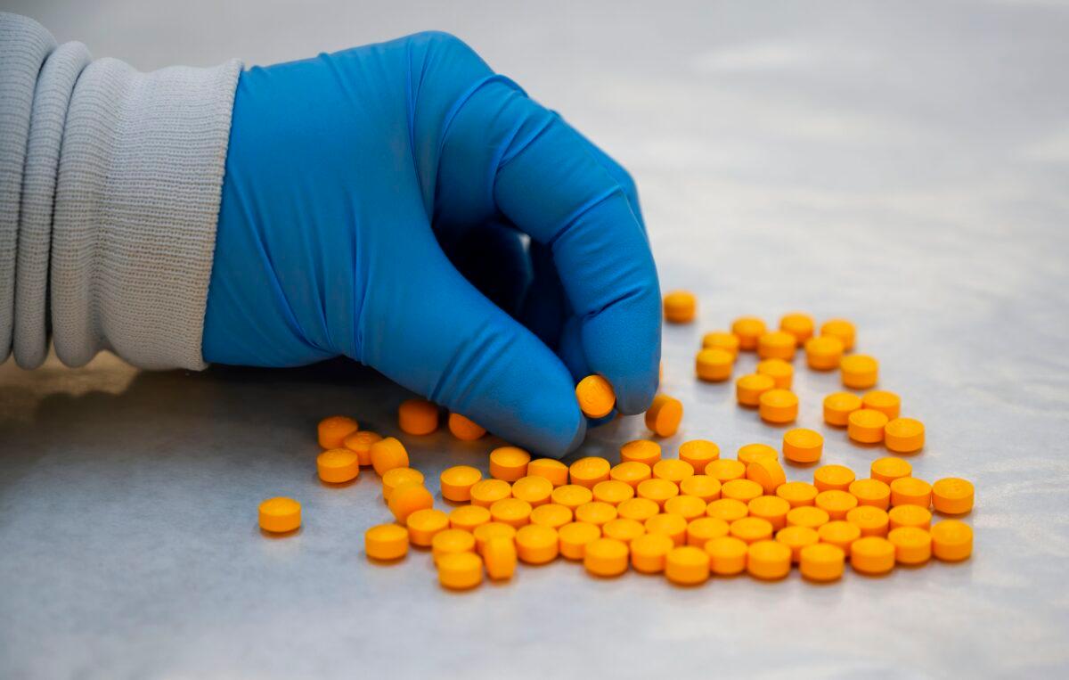 A Drug Enforcement Administration (DEA) chemist checks pills containing fentanyl at the DEA Northeast Regional Laboratory in New York on Oct. 8, 2019. (Don Emmert/AFP via Getty Images)