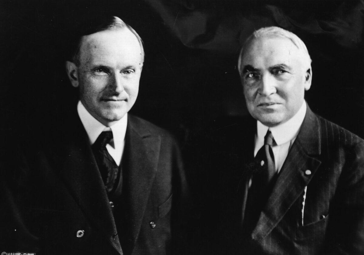 President Warren G. Harding (1865–1923) (R) the 29th president of the United States, seen here with Calvin Coolidge (1872–1933), his vice president and successor. (Topical Press Agency/Getty Images)