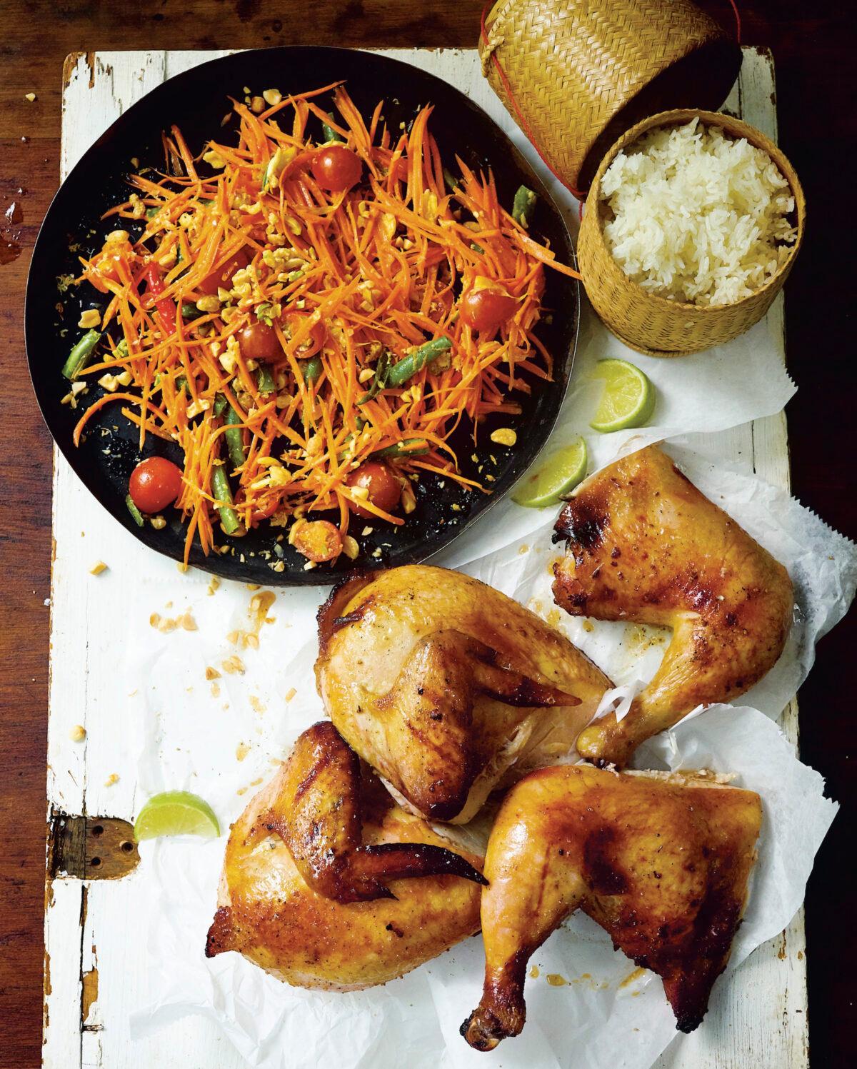 Grilled chicken, spicy salad, and sticky rice, "the so-called trinity of Isan," writes Leela Punyaratabandhu, "that has won hearts and minds the world over." (Photo by David Loftus)