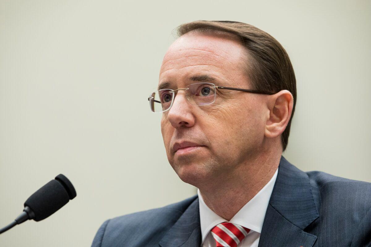 Then-Deputy Attorney General Rod Rosenstein testifies before the House Judiciary Committee about former special counsel Robert Mueller's investigation of Russia's alleged election interference in 2016, in Washington on Dec. 13, 2017. (Samira Bouaou/The Epoch Times)