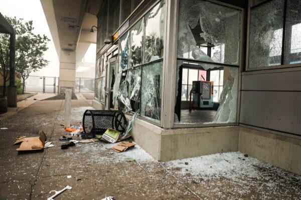The vandalized Lake Street/Midtown metro station after a night of protests and violence following the death of George Floyd, in Minneapolis, Minn., on May 29, 2020. (Charlotte Cuthbertson/The Epoch Times)