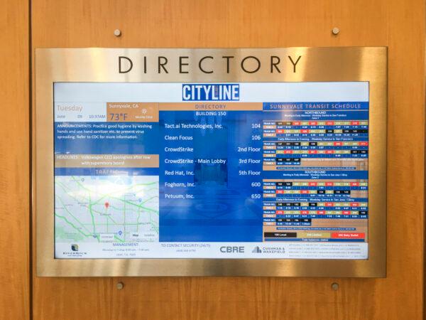 A lobby directory shows Crowdstrike offices on the 2nd and 3rd floors at the company’s headquarters at 150 Mathilda Place in Sunnyvale, Calif., on June 9, 2020. (Steve Ispas/The Epoch Times)